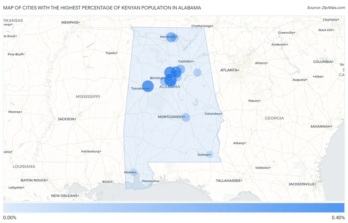 Cities with the Highest Percentage of Kenyan Population in Alabama Map