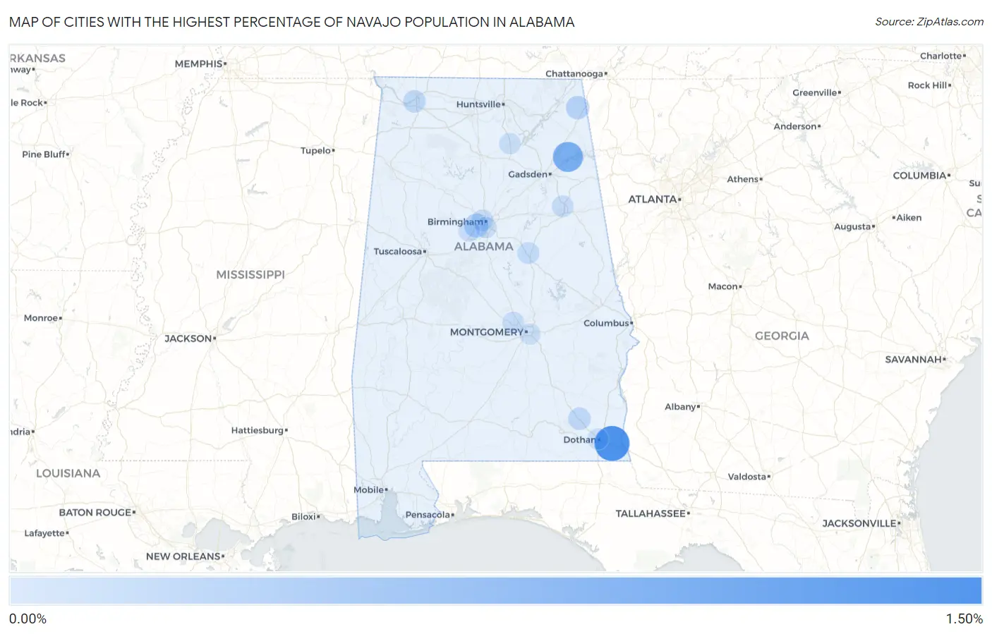 Cities with the Highest Percentage of Navajo Population in Alabama Map