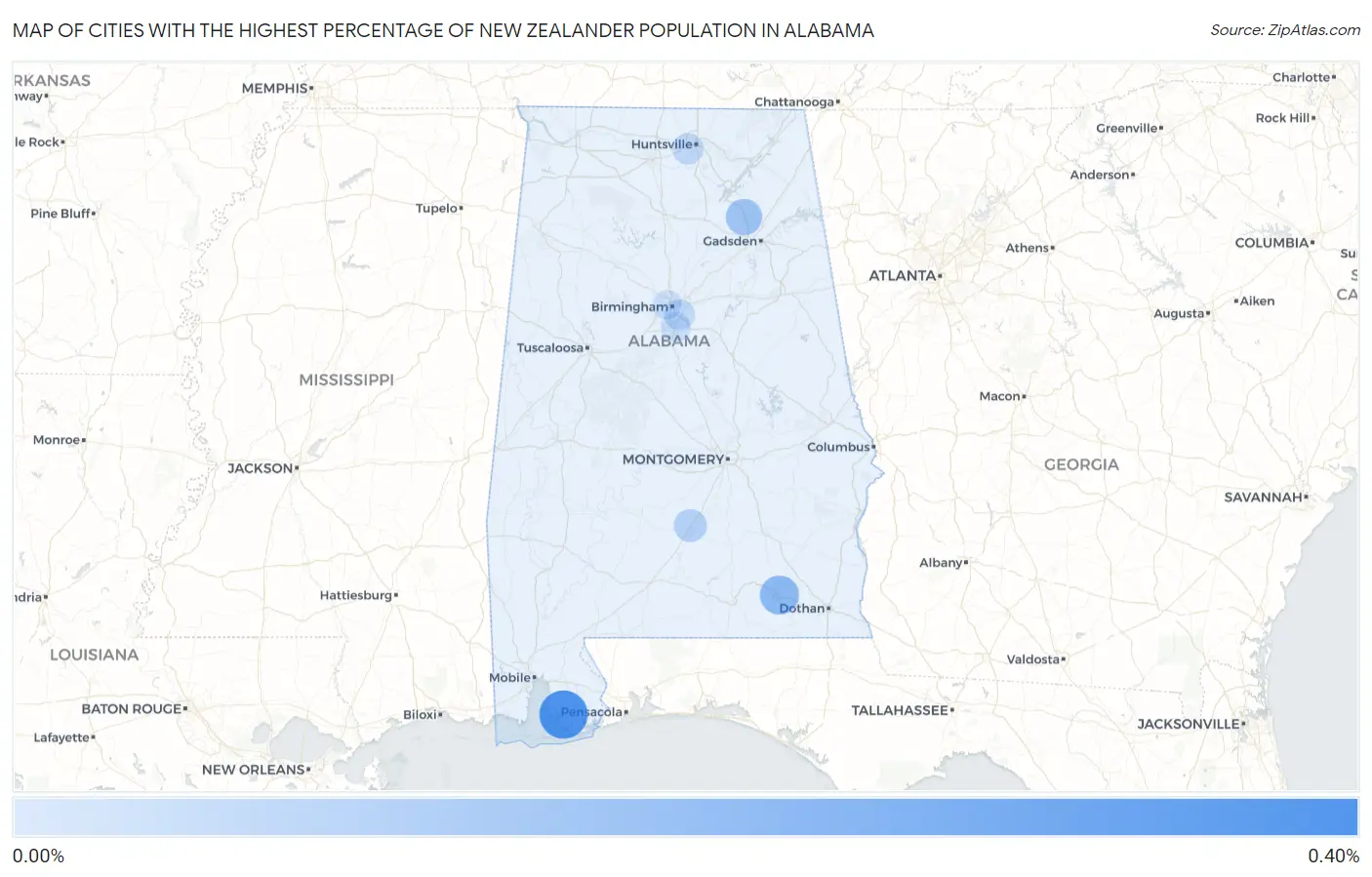 Cities with the Highest Percentage of New Zealander Population in Alabama Map