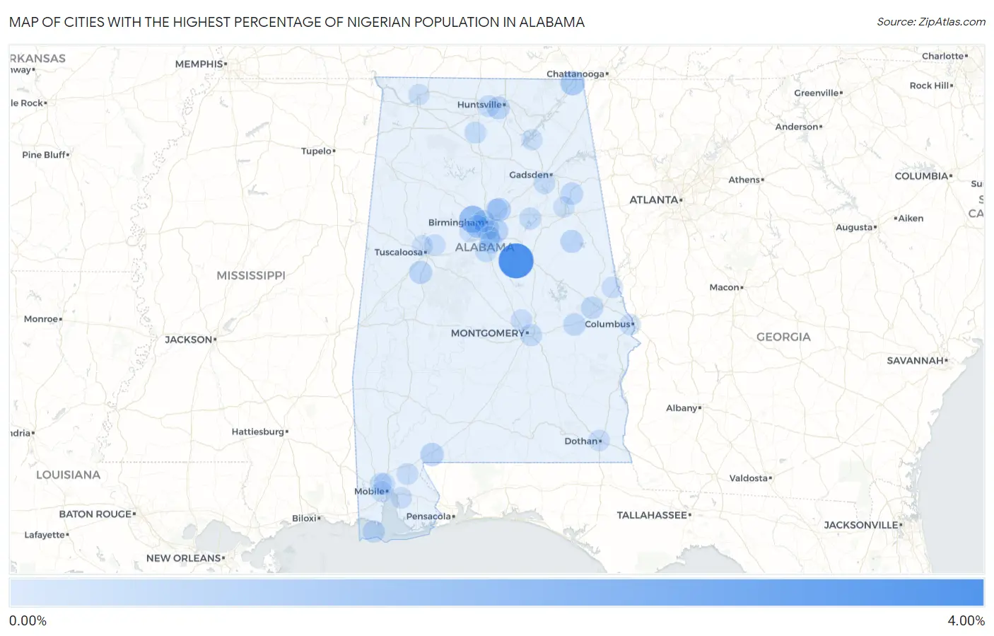 Cities with the Highest Percentage of Nigerian Population in Alabama Map