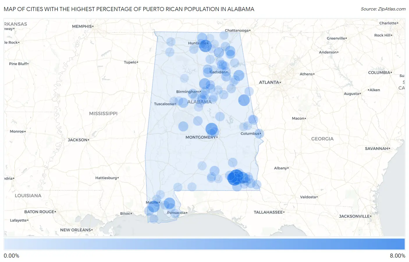 Cities with the Highest Percentage of Puerto Rican Population in Alabama Map