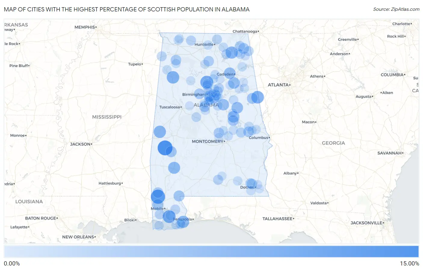 Cities with the Highest Percentage of Scottish Population in Alabama Map