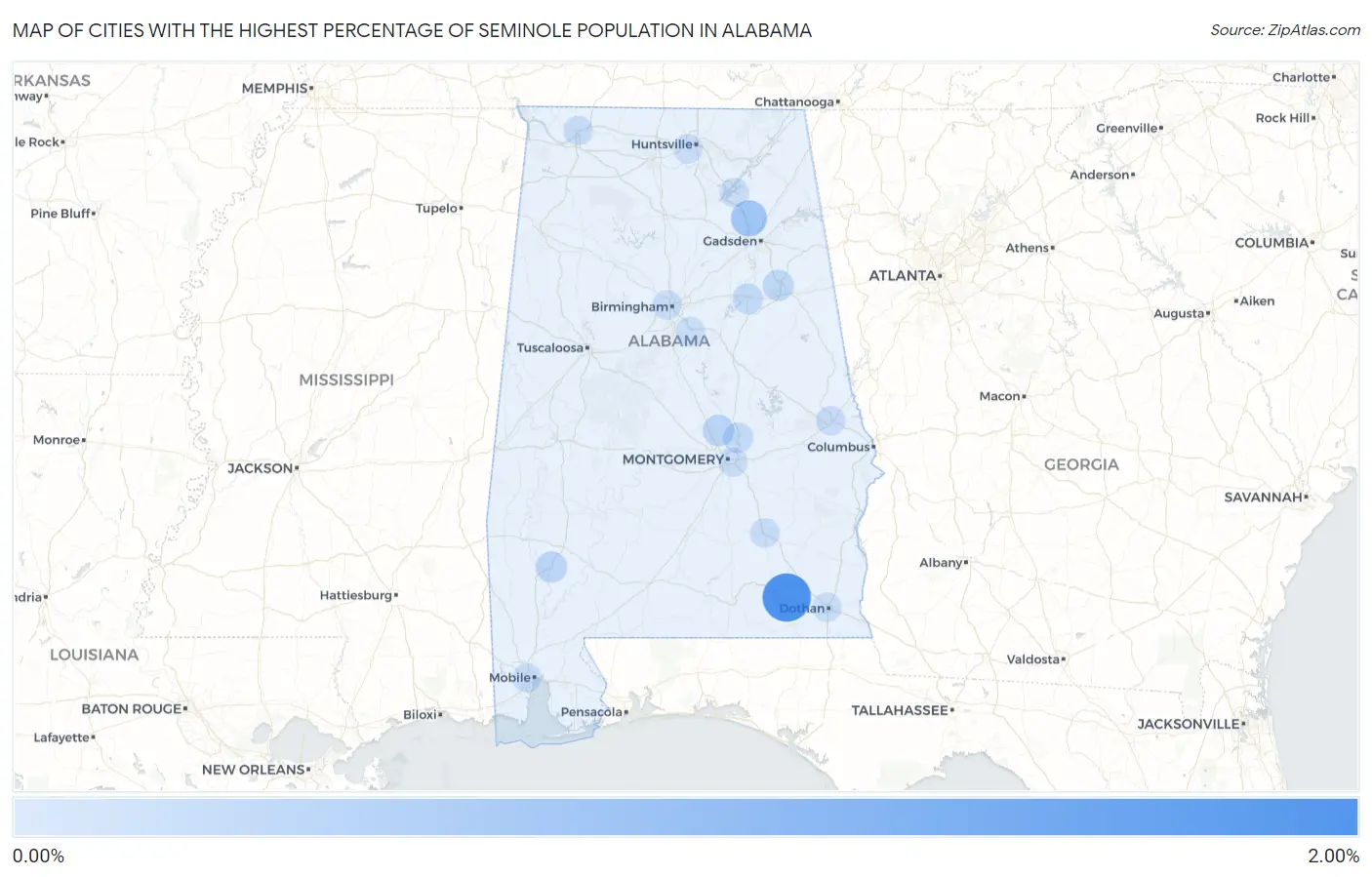 Cities with the Highest Percentage of Seminole Population in Alabama Map