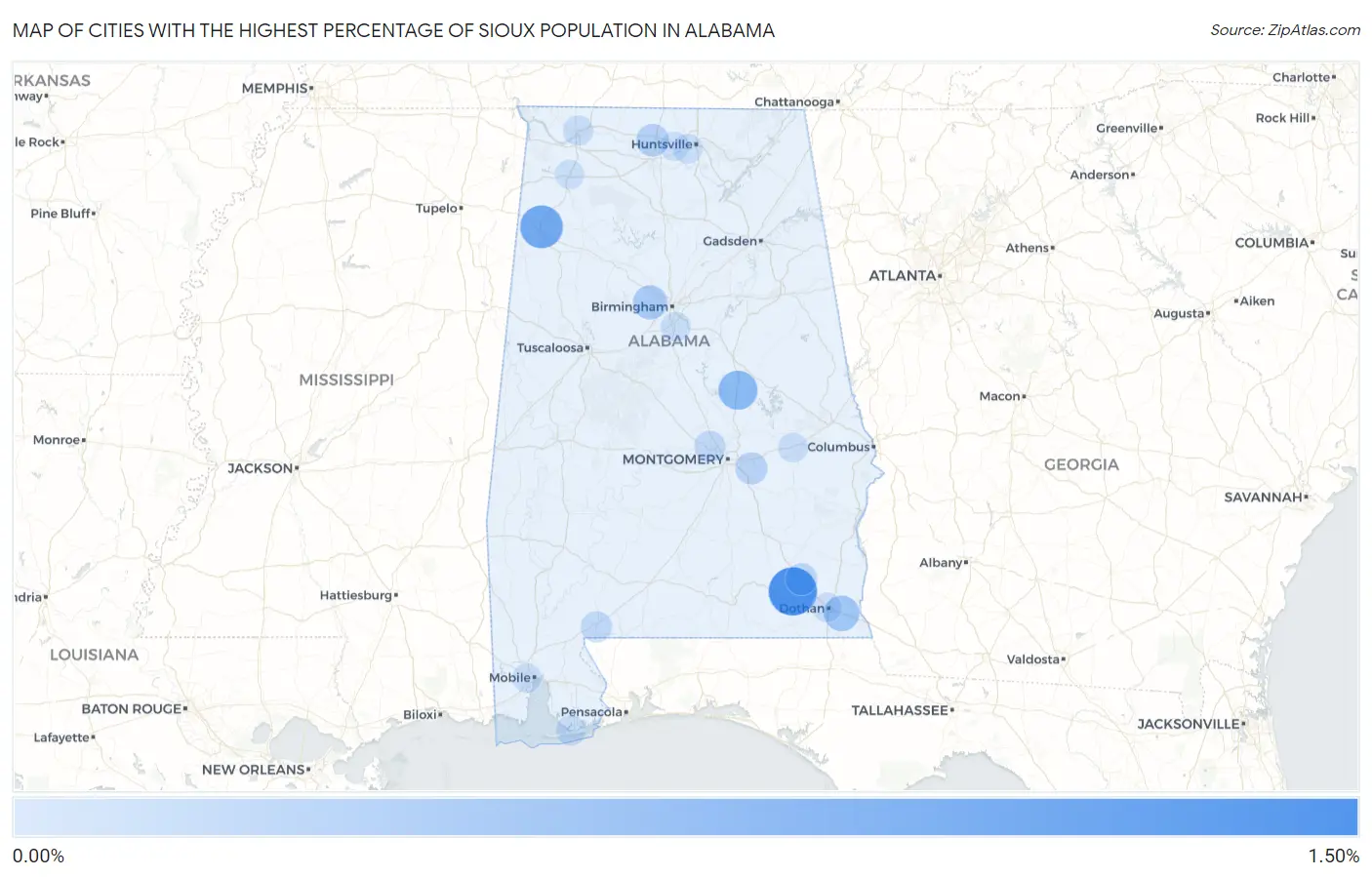 Cities with the Highest Percentage of Sioux Population in Alabama Map