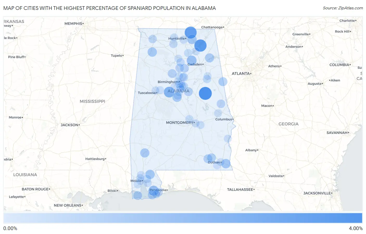 Cities with the Highest Percentage of Spaniard Population in Alabama Map