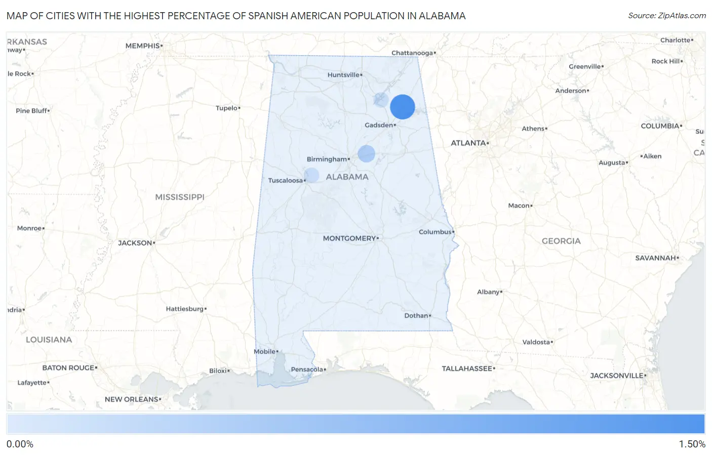 Cities with the Highest Percentage of Spanish American Population in Alabama Map