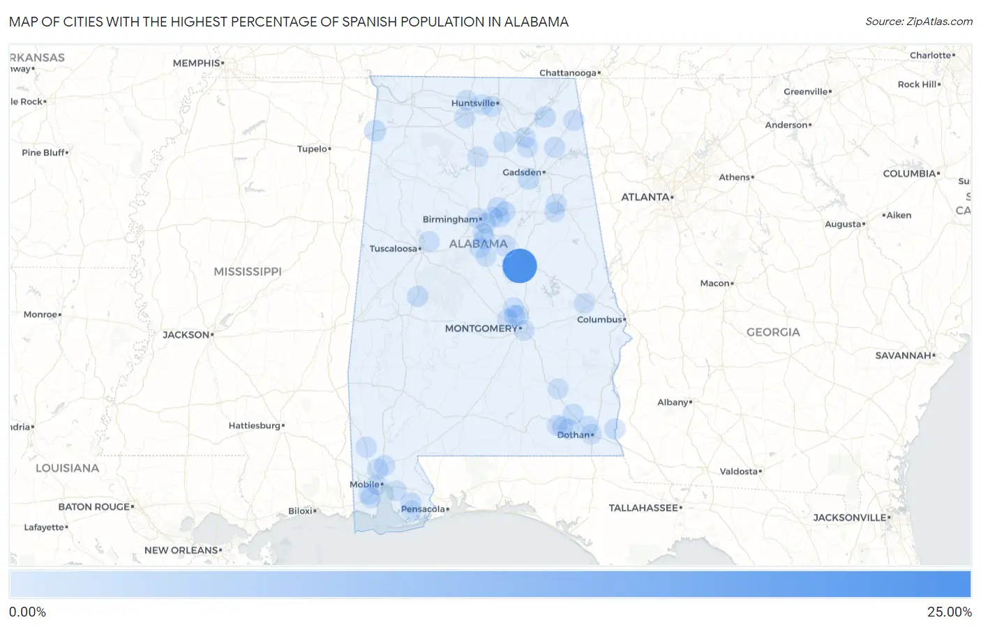 Cities with the Highest Percentage of Spanish Population in Alabama Map