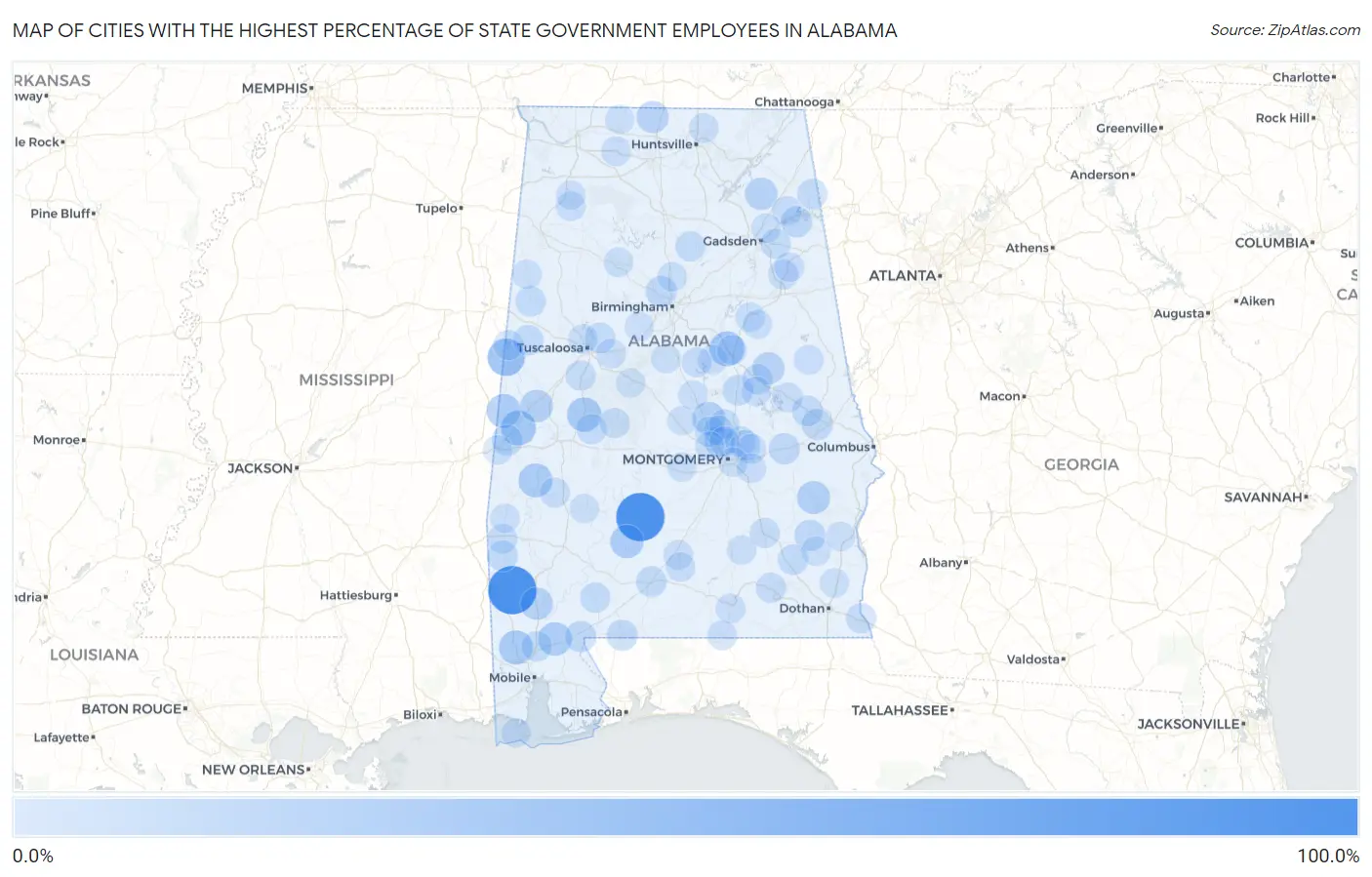 Cities with the Highest Percentage of State Government Employees in Alabama Map