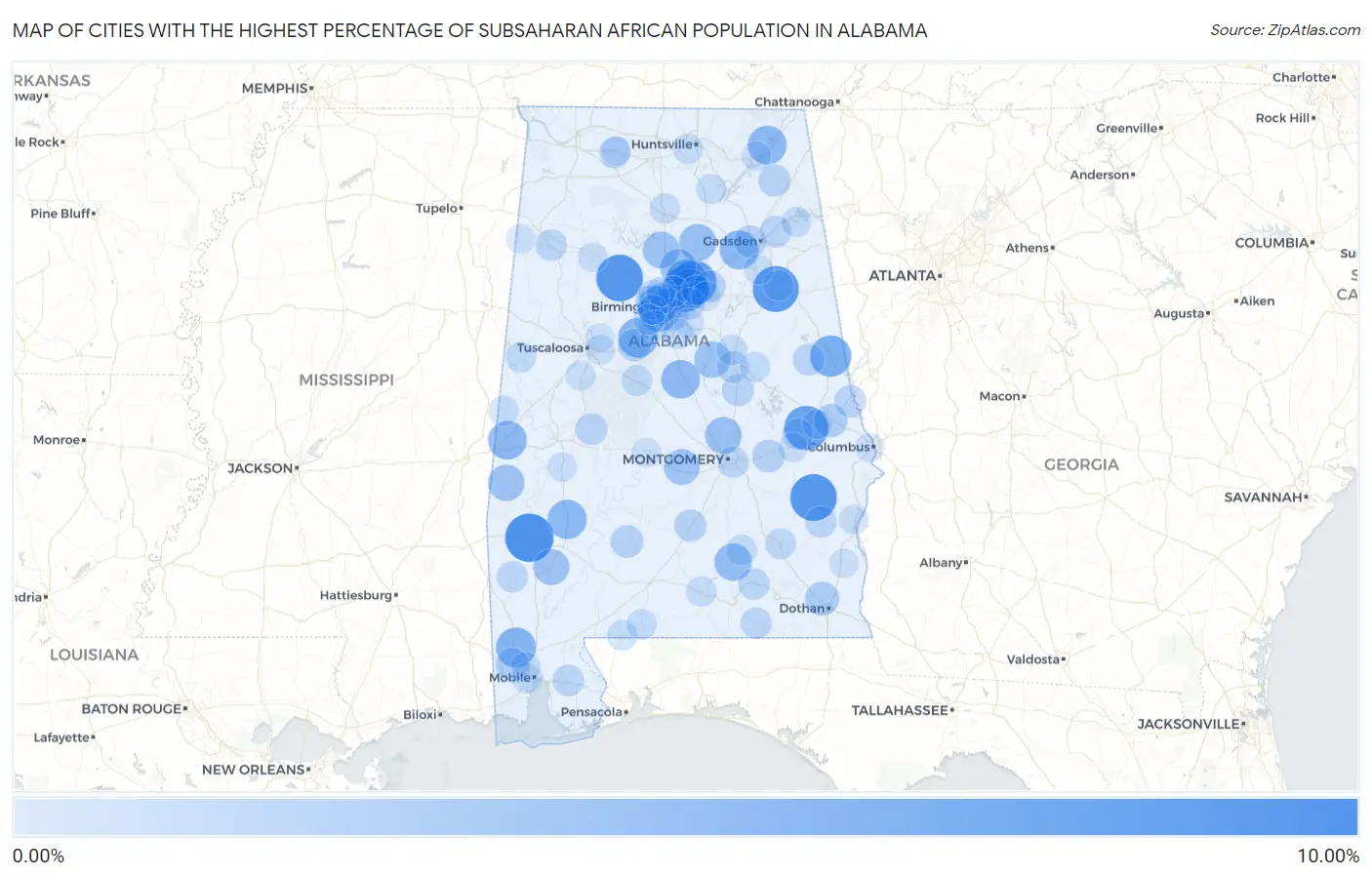 Cities with the Highest Percentage of Subsaharan African Population in Alabama Map