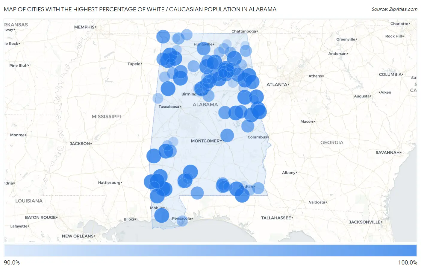Cities with the Highest Percentage of White / Caucasian Population in Alabama Map