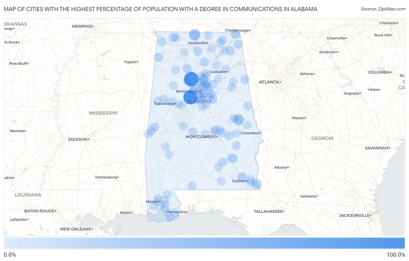 Cities with the Highest Percentage of Population with a Degree in Communications in Alabama Map