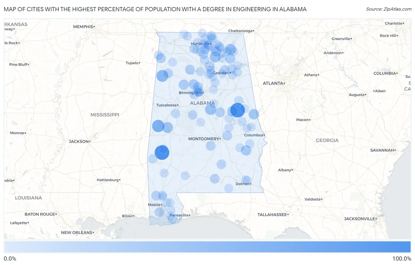 Cities with the Highest Percentage of Population with a Degree in Engineering in Alabama Map