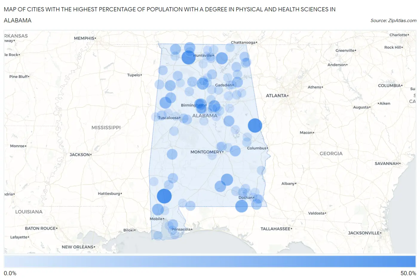 Cities with the Highest Percentage of Population with a Degree in Physical and Health Sciences in Alabama Map