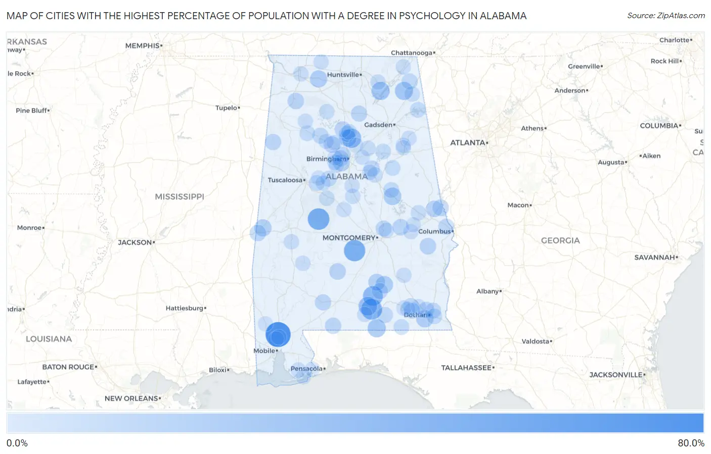 Cities with the Highest Percentage of Population with a Degree in Psychology in Alabama Map