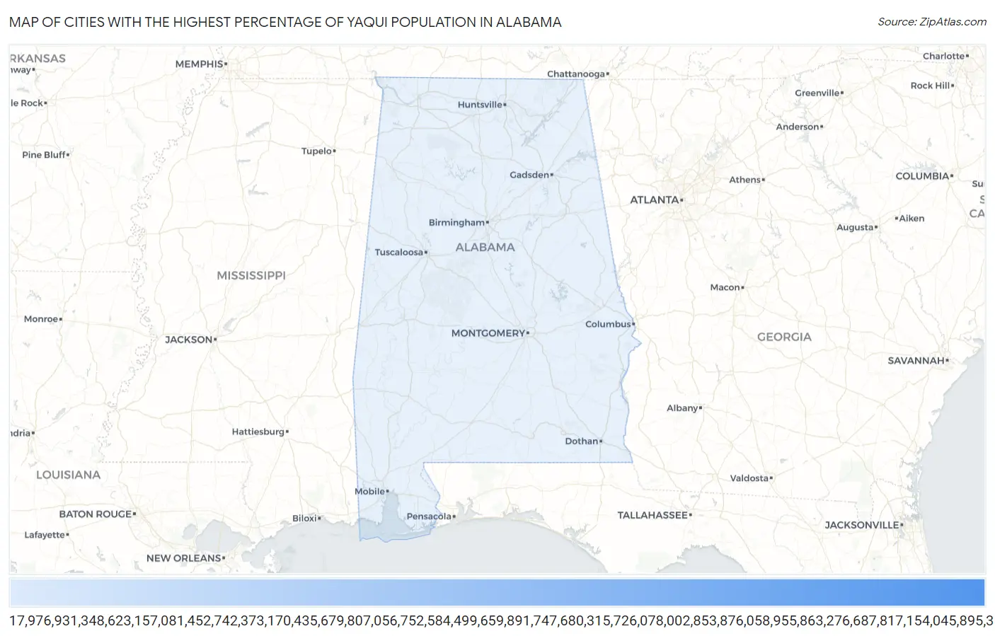 Cities with the Highest Percentage of Yaqui Population in Alabama Map