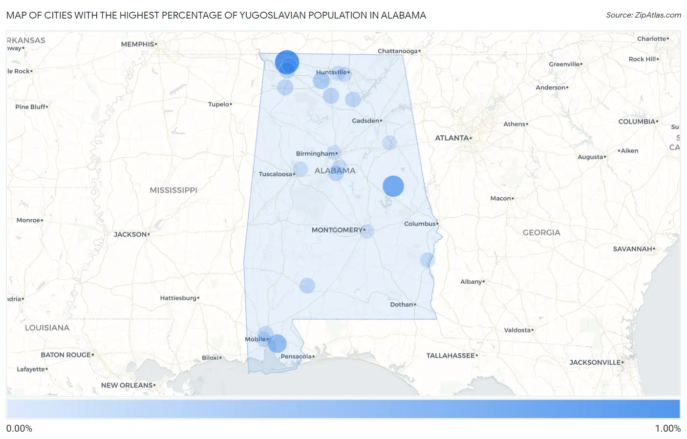 Cities with the Highest Percentage of Yugoslavian Population in Alabama Map