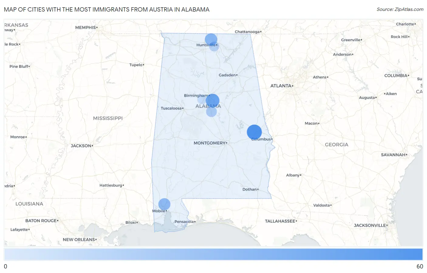 Cities with the Most Immigrants from Austria in Alabama Map