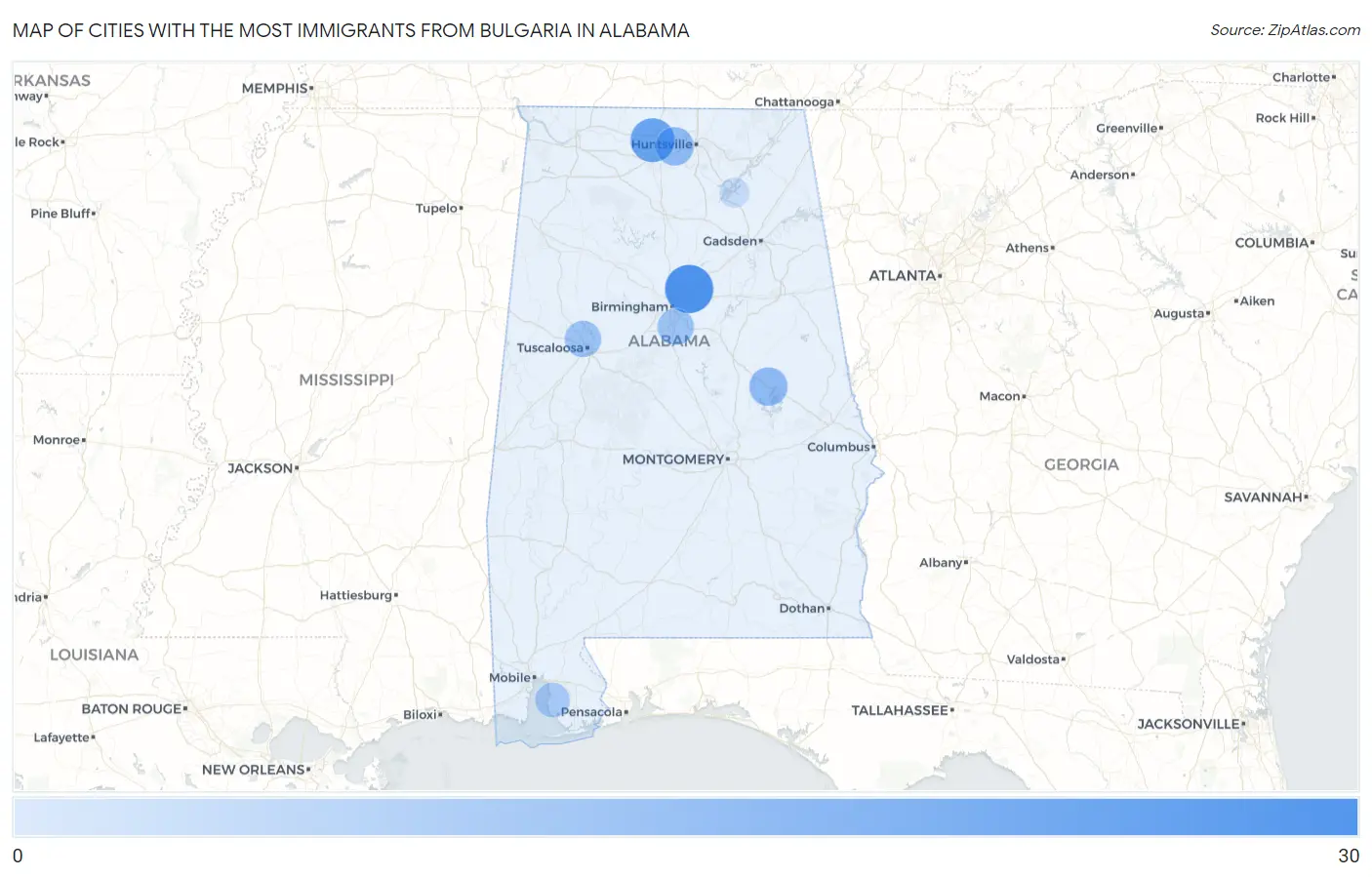 Cities with the Most Immigrants from Bulgaria in Alabama Map