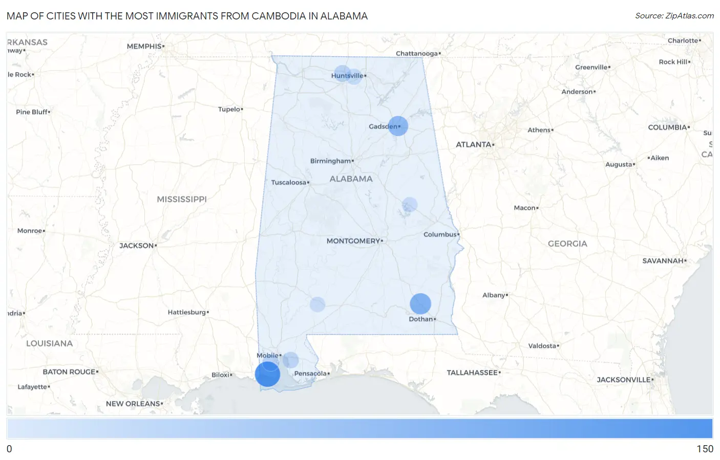 Cities with the Most Immigrants from Cambodia in Alabama Map