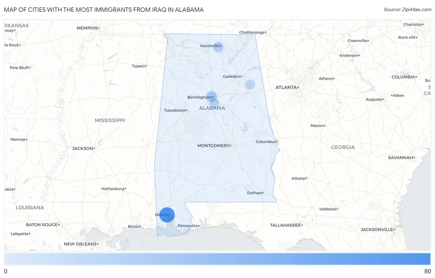 Cities with the Most Immigrants from Iraq in Alabama Map