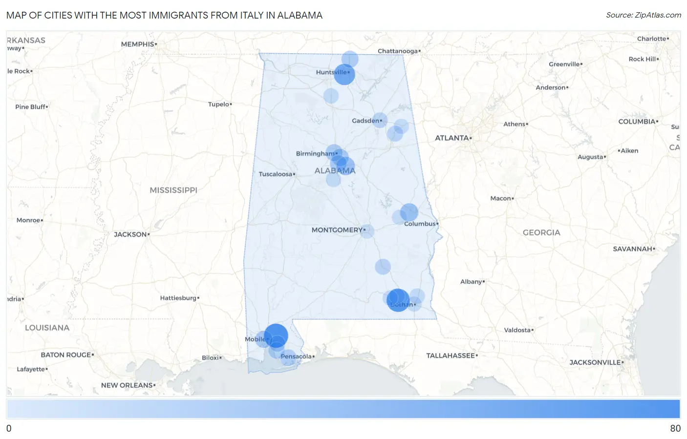 Cities with the Most Immigrants from Italy in Alabama Map