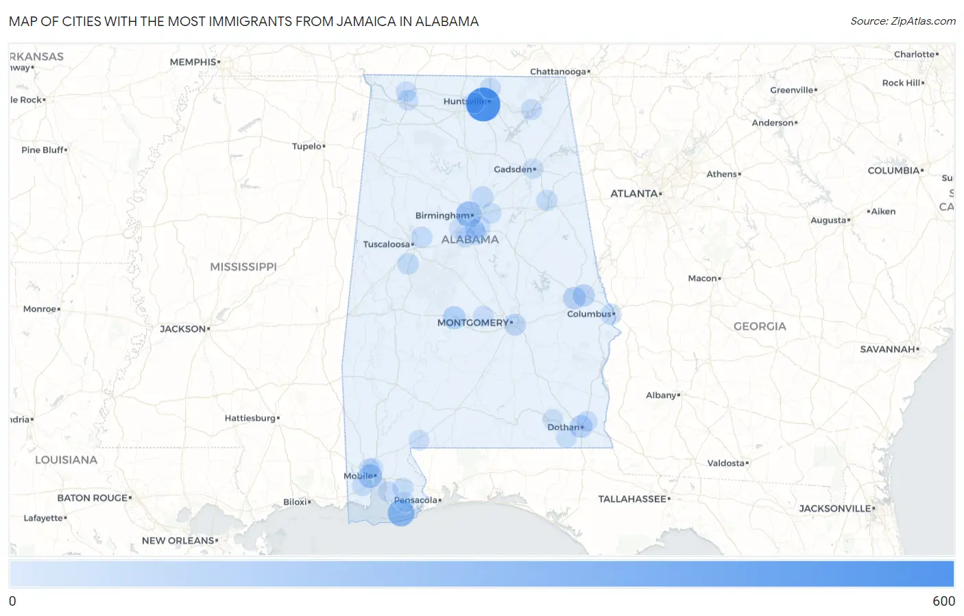 Cities with the Most Immigrants from Jamaica in Alabama Map