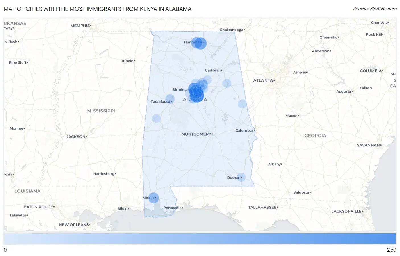 Cities with the Most Immigrants from Kenya in Alabama Map