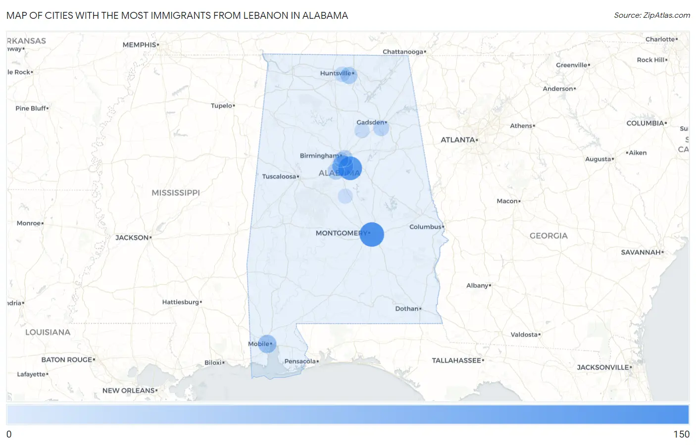 Cities with the Most Immigrants from Lebanon in Alabama Map