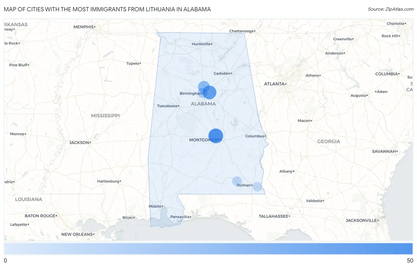Cities with the Most Immigrants from Lithuania in Alabama Map