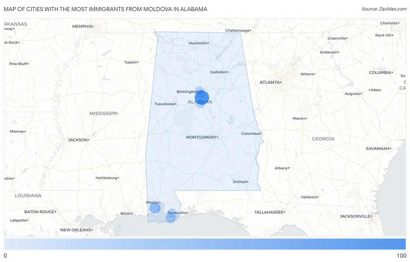 Cities with the Most Immigrants from Moldova in Alabama Map