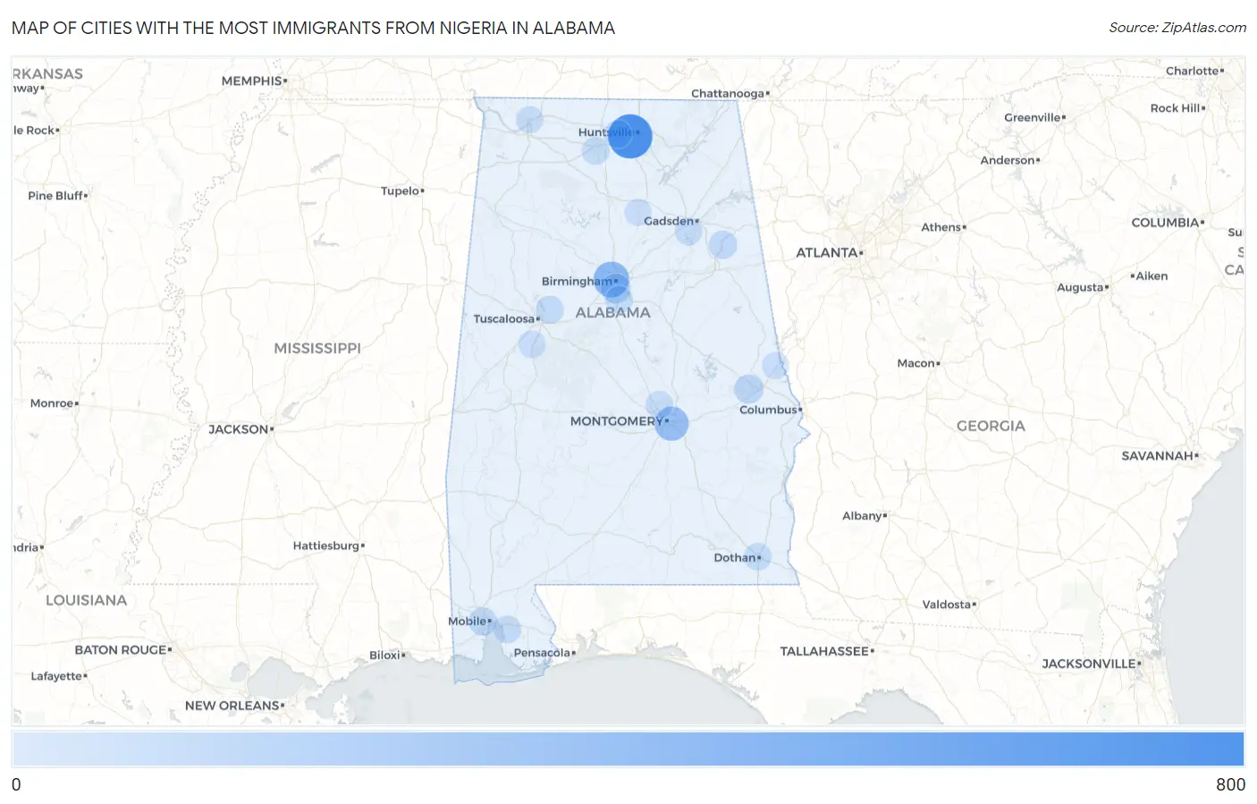Cities with the Most Immigrants from Nigeria in Alabama Map