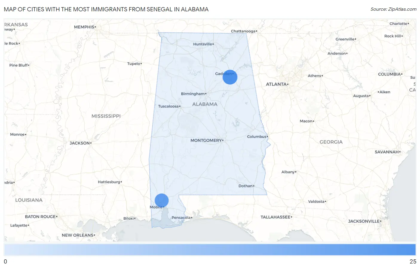 Cities with the Most Immigrants from Senegal in Alabama Map