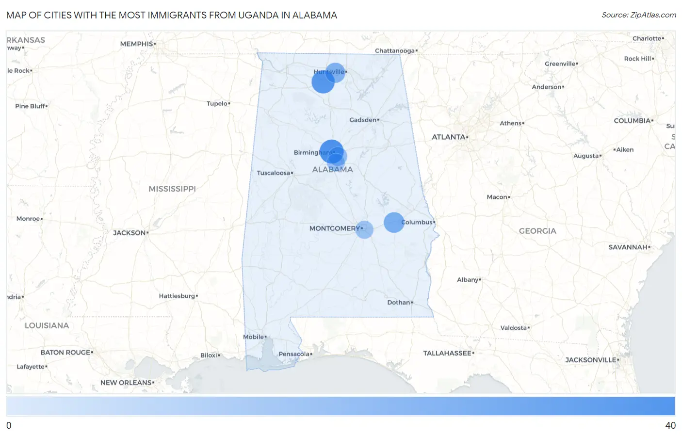 Cities with the Most Immigrants from Uganda in Alabama Map