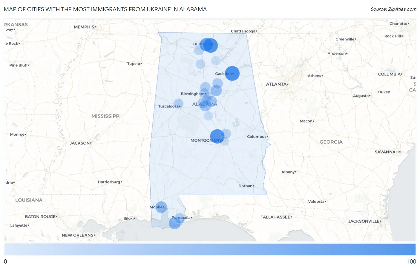 Cities with the Most Immigrants from Ukraine in Alabama Map