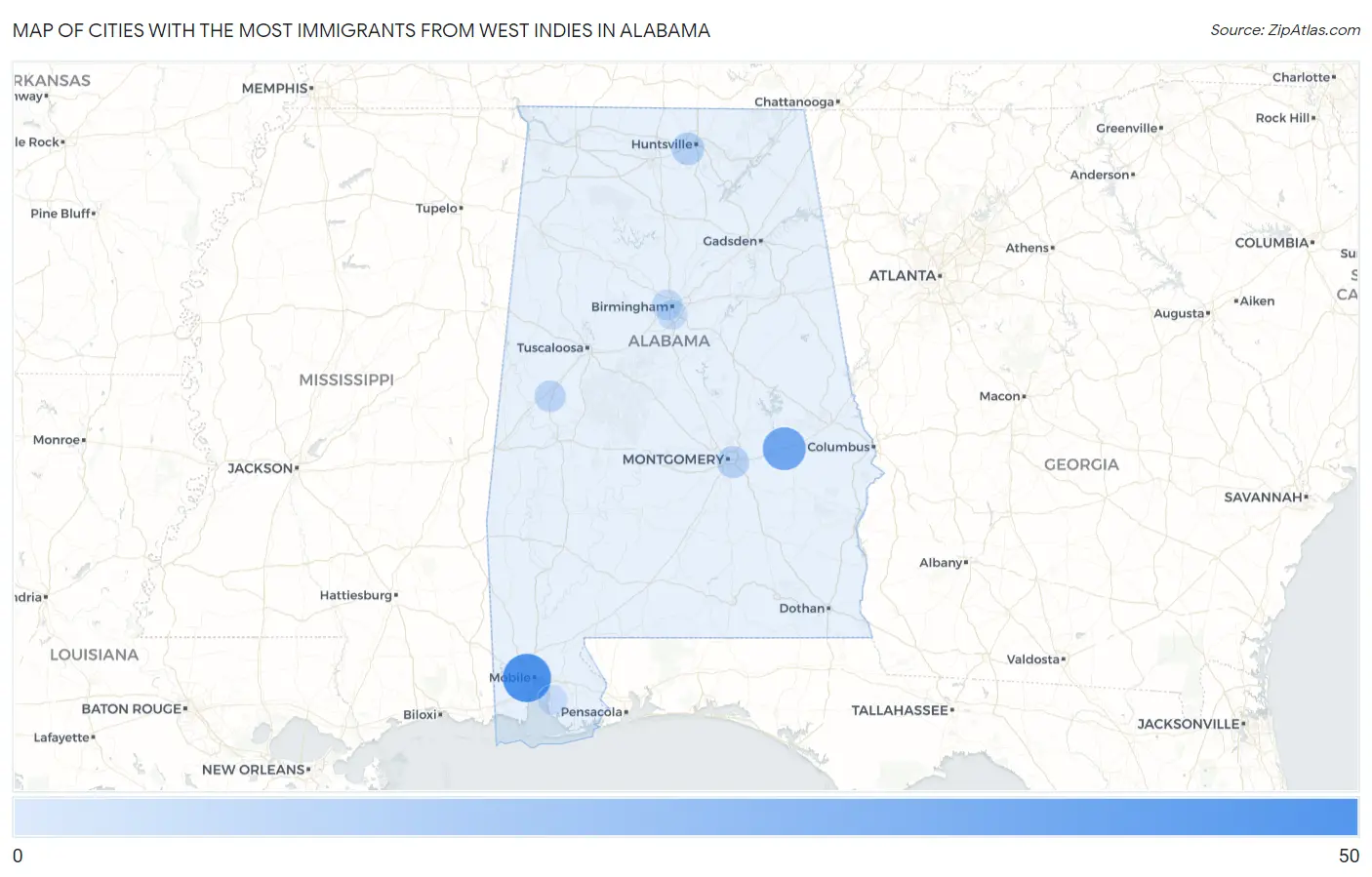Cities with the Most Immigrants from West Indies in Alabama Map