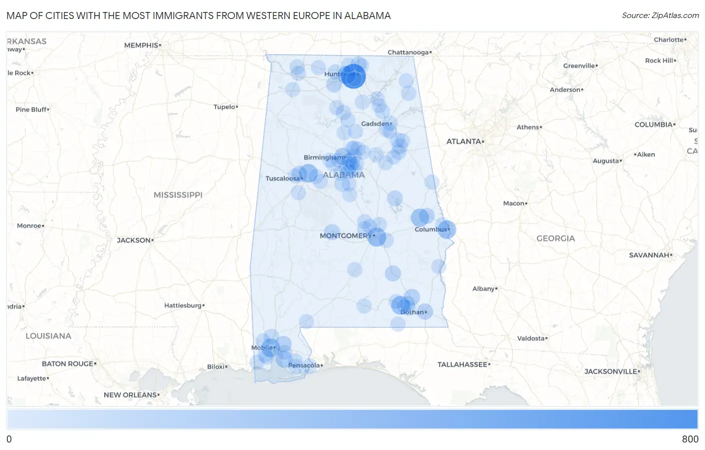 Cities with the Most Immigrants from Western Europe in Alabama Map