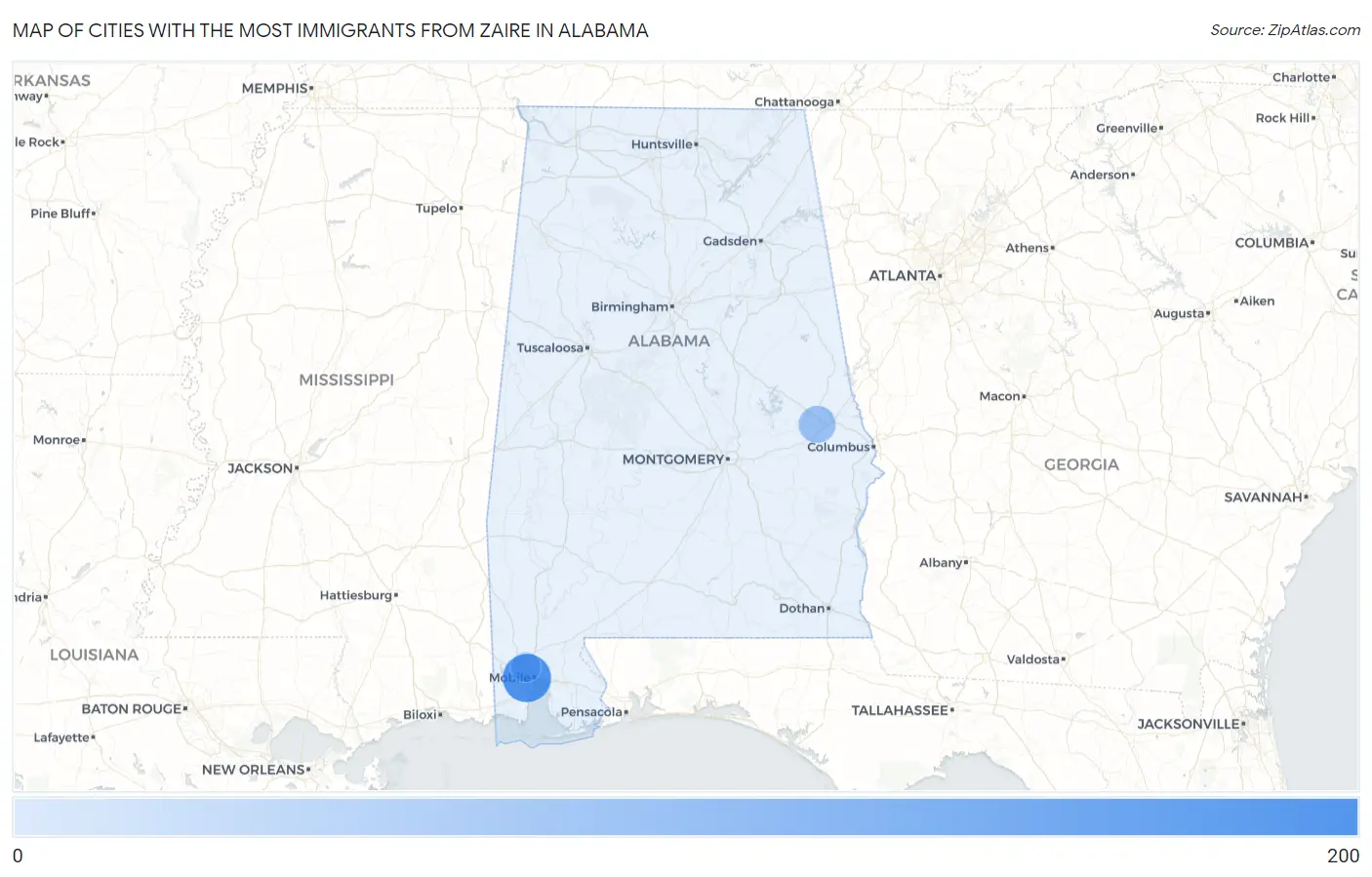 Cities with the Most Immigrants from Zaire in Alabama Map