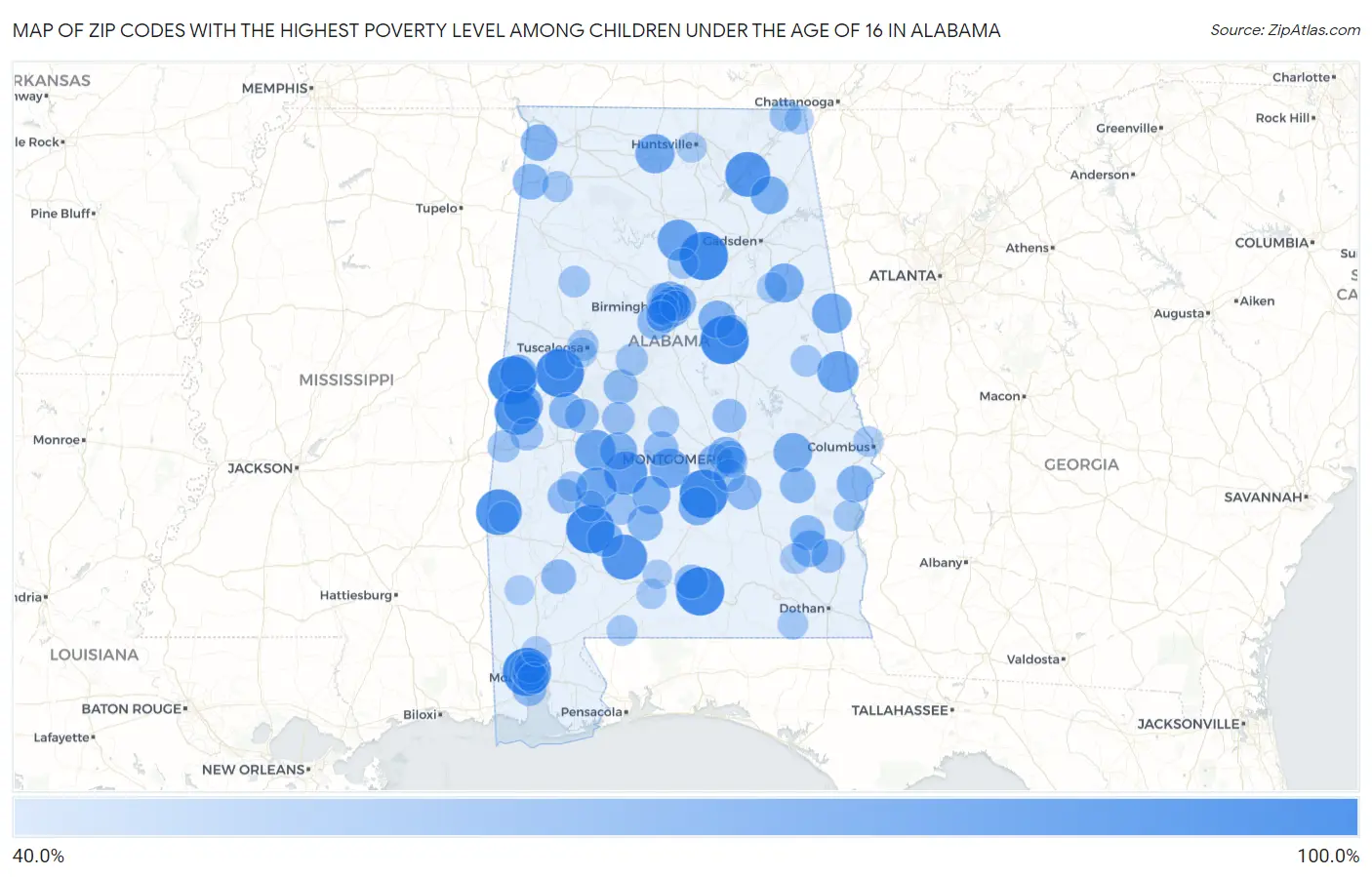 Zip Codes with the Highest Poverty Level Among Children Under the Age of 16 in Alabama Map