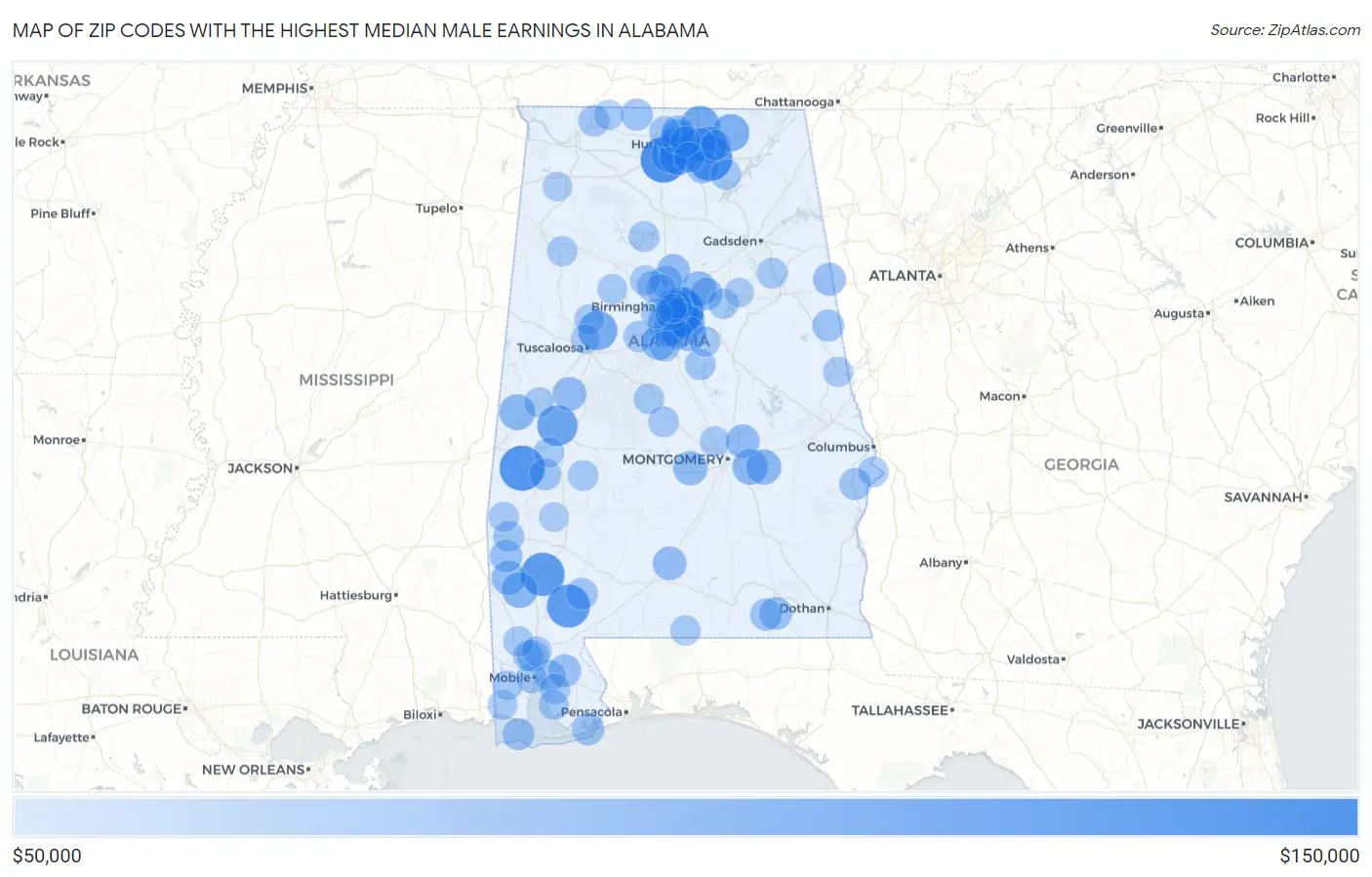 Zip Codes with the Highest Median Male Earnings in Alabama Map