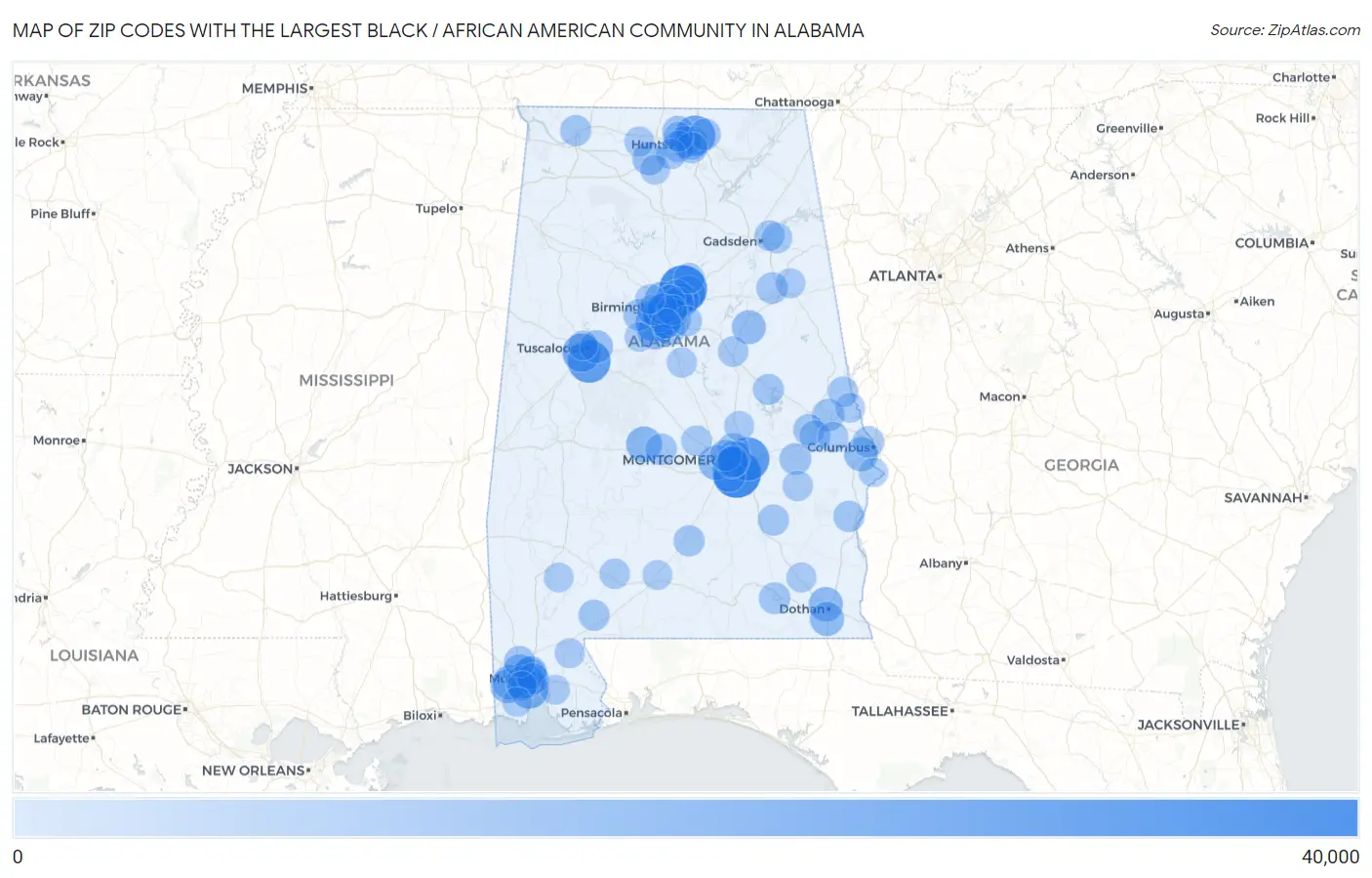 Zip Codes with the Largest Black / African American Community in Alabama Map