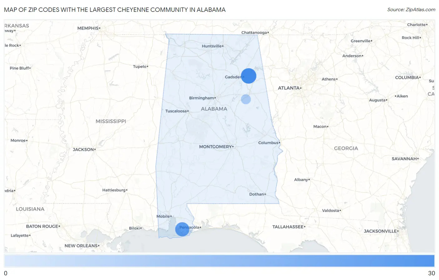 Zip Codes with the Largest Cheyenne Community in Alabama Map