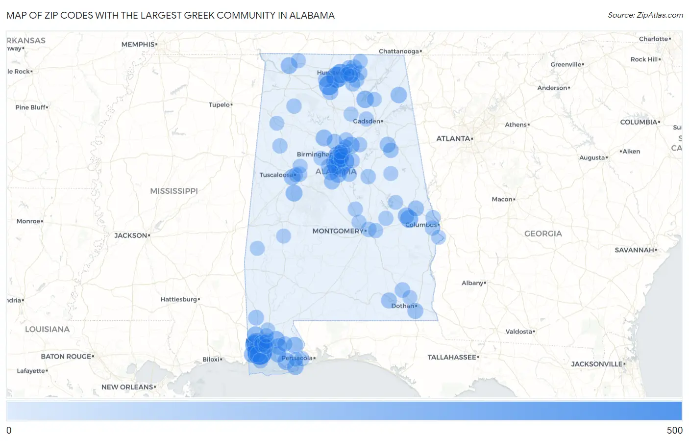 Zip Codes with the Largest Greek Community in Alabama Map