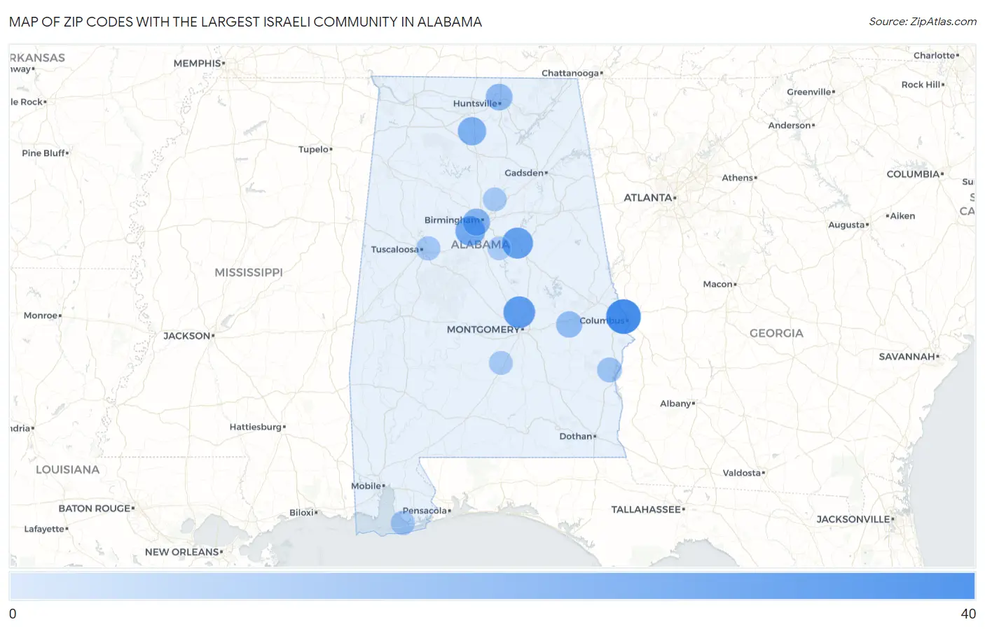 Zip Codes with the Largest Israeli Community in Alabama Map