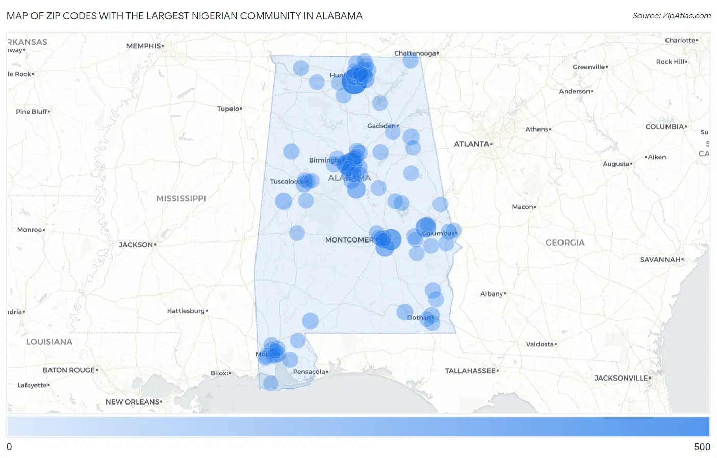 Zip Codes with the Largest Nigerian Community in Alabama Map