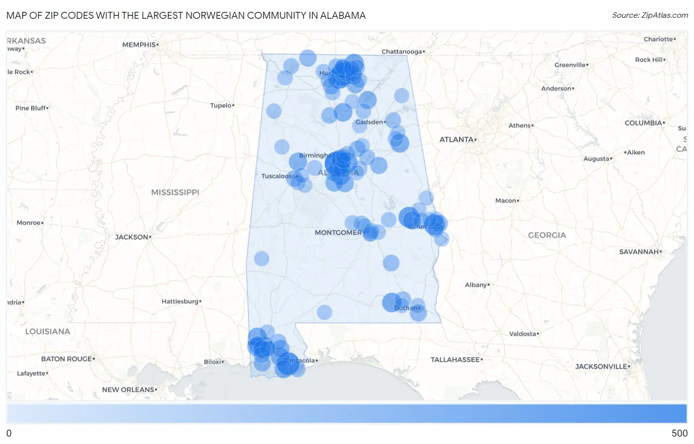 Zip Codes with the Largest Norwegian Community in Alabama Map