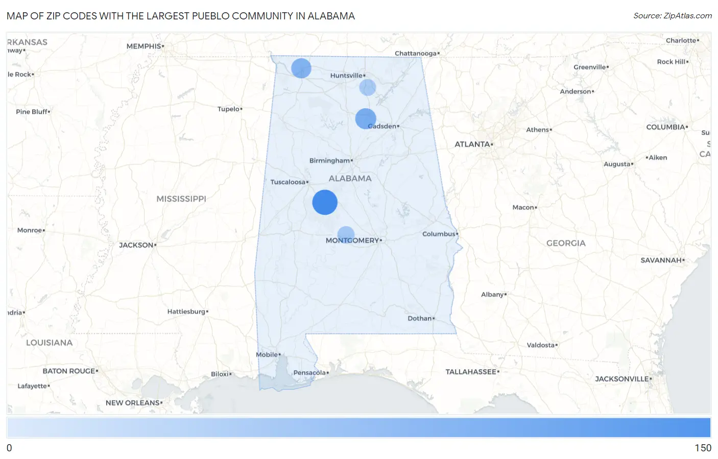 Zip Codes with the Largest Pueblo Community in Alabama Map