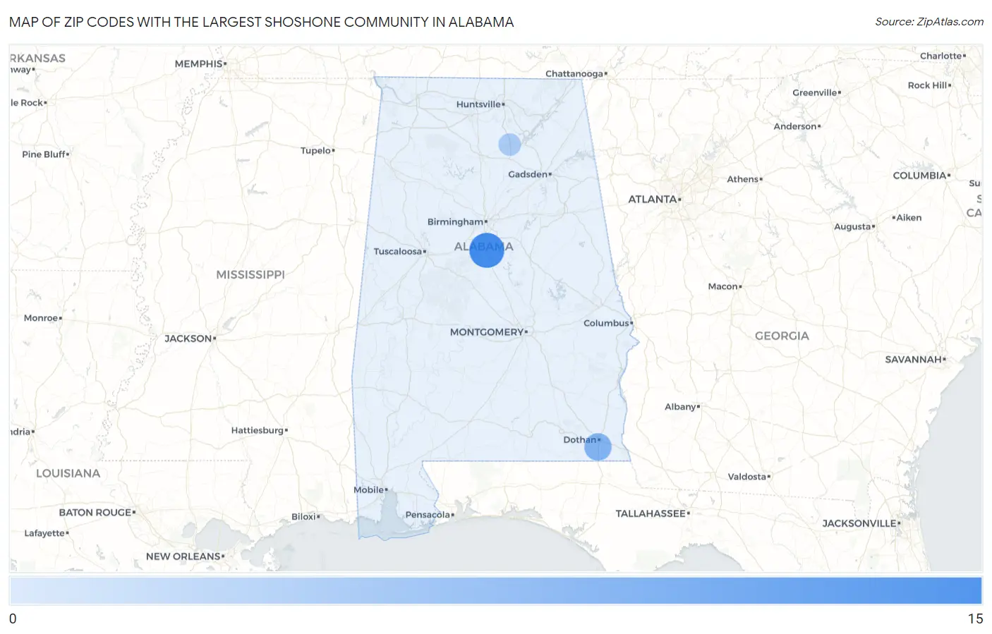 Zip Codes with the Largest Shoshone Community in Alabama Map