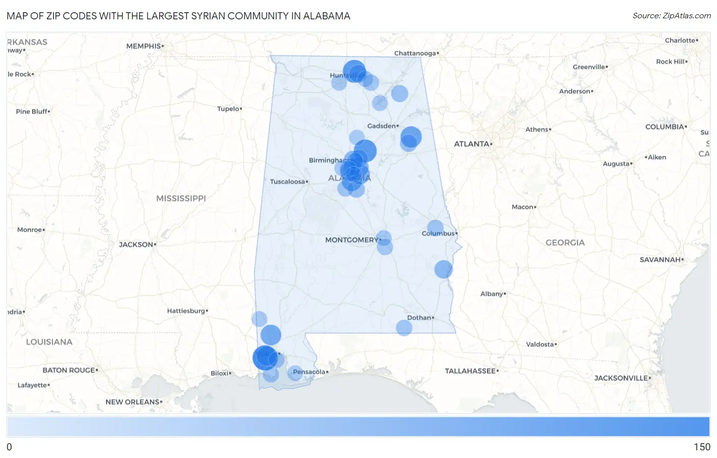 Zip Codes with the Largest Syrian Community in Alabama Map