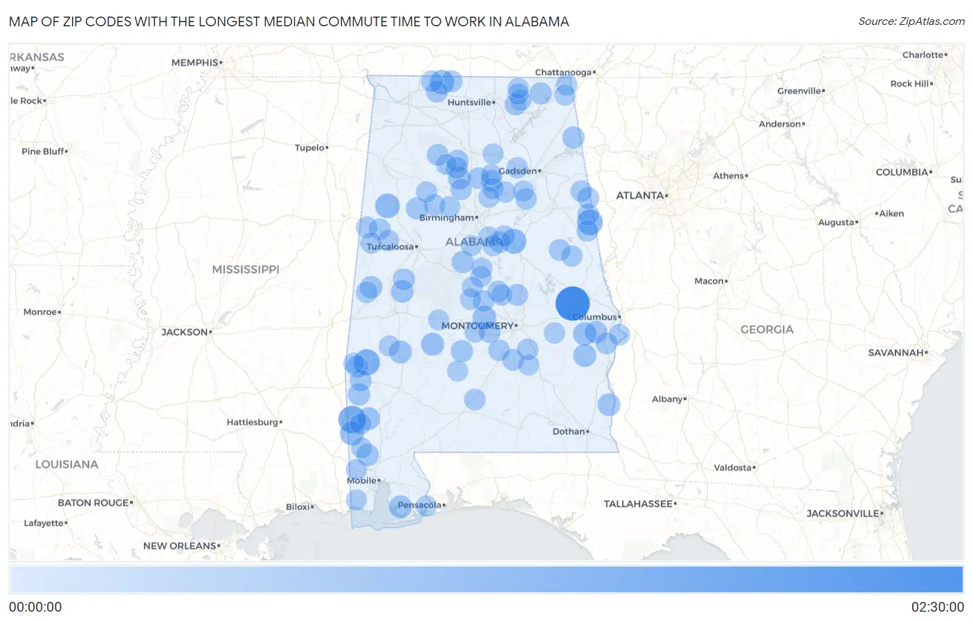 Zip Codes with the Longest Median Commute Time to Work in Alabama Map