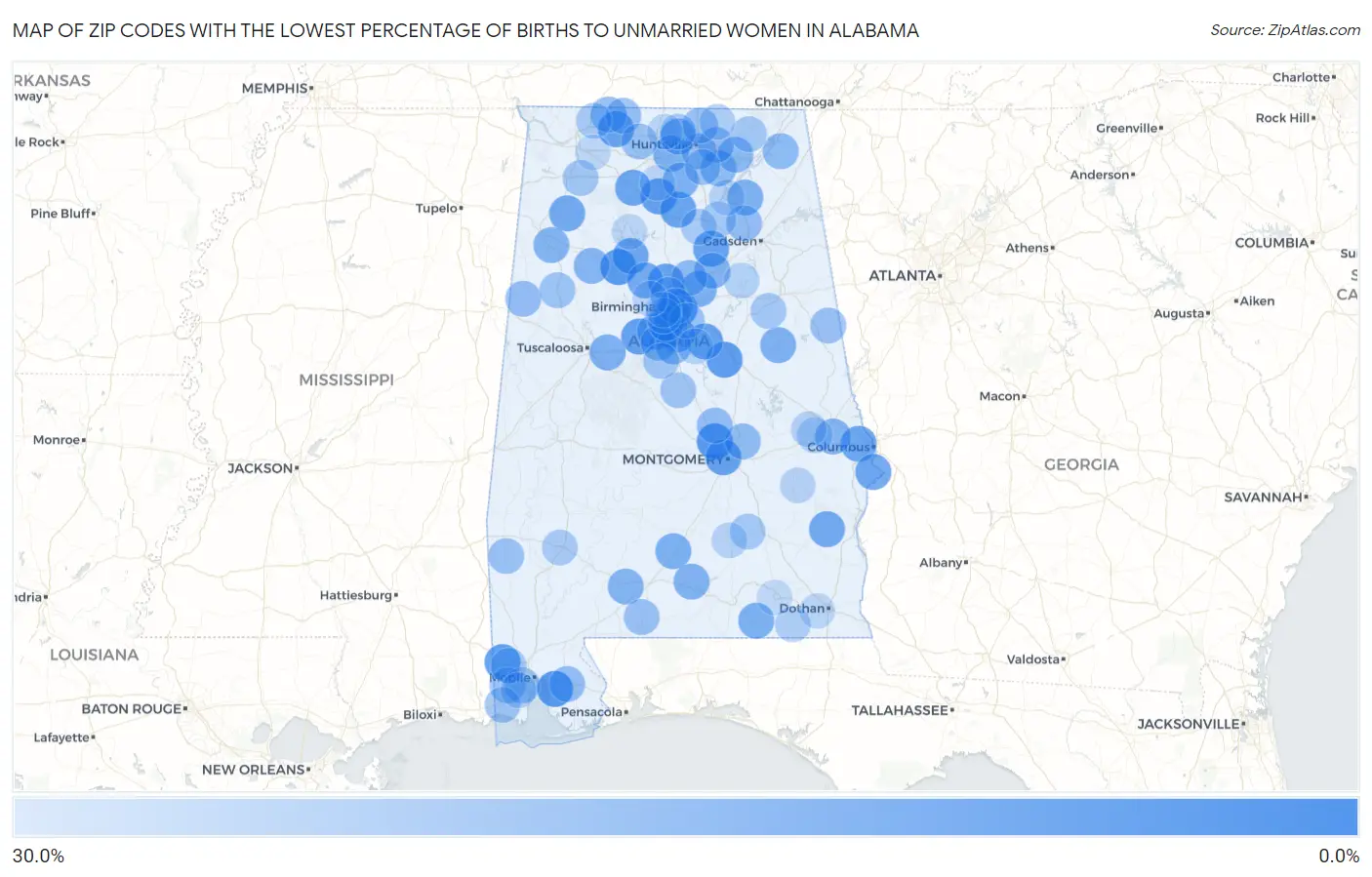 Zip Codes with the Lowest Percentage of Births to Unmarried Women in Alabama Map